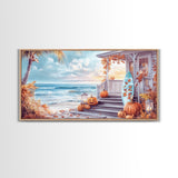 Fall Beachfront Porch With Pumpkins Autumn Decor Framed Canvas Print, Coastal Autumn Home Decor Wall Art Beach Vibes