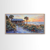 Tropical Beach House Autumn Sunset Scene With Pumpkins Framed Canvas Print, Coastal Fall Wall Art Perfect Gift Idea