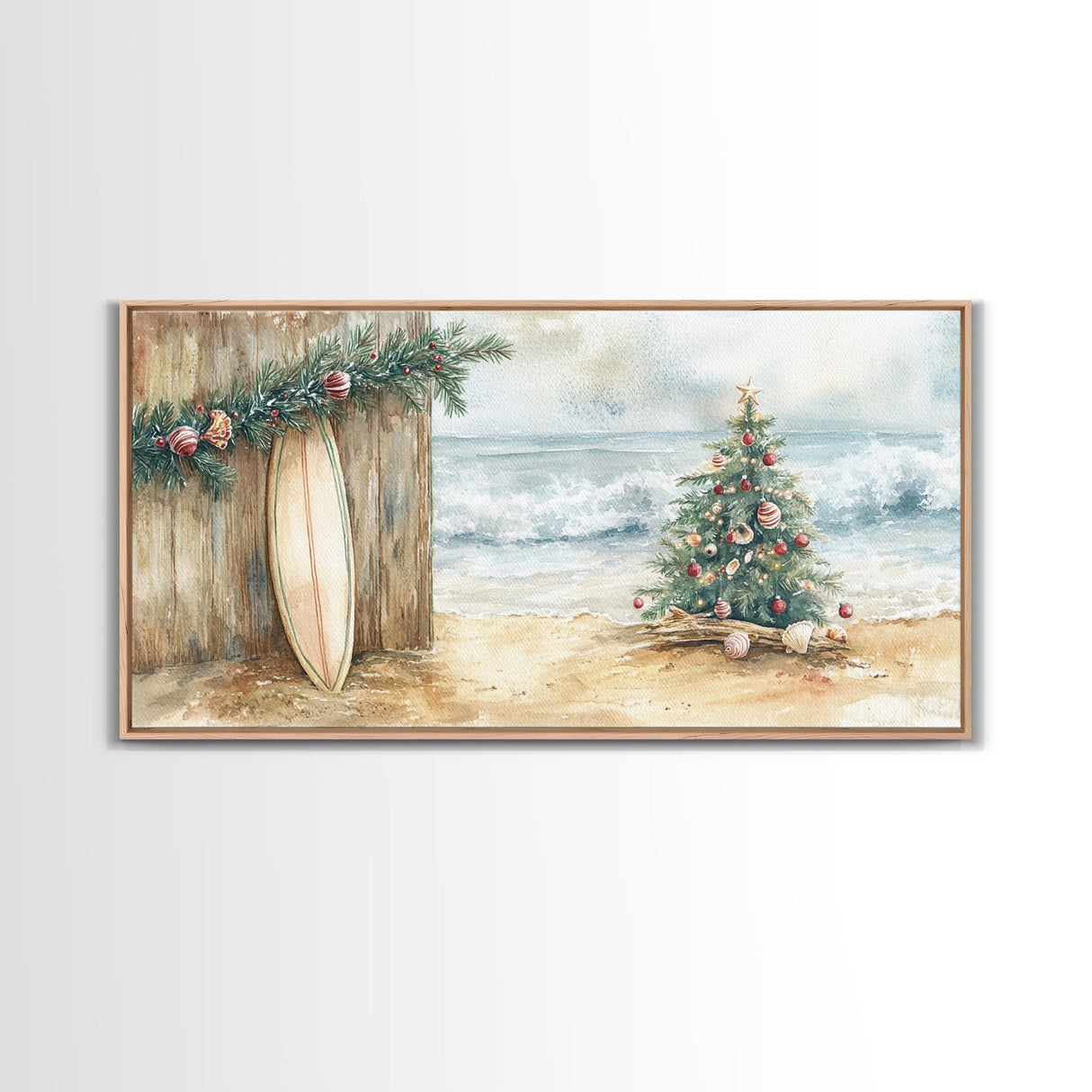 Christmas Tree On Sandy Beach With Surfboard Coastal Decor Framed Canvas Print, Beach Christmas Decor Wall Art