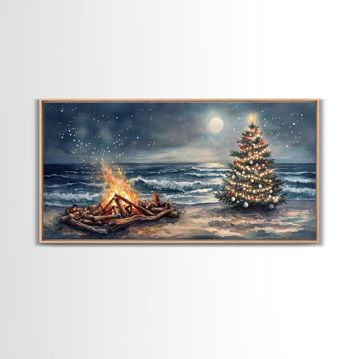 Cozy Bonfire On Beach With Christmas Tree Framed Canvas Print, Nighttime Winter Beach Holiday Wall Art And Coastal Decor