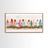 Surfboard Christmas Decor Framed Canvas Print, Coastal Holiday Scene with Festive Garland and Beachy Vibes Tropical Christmas Art