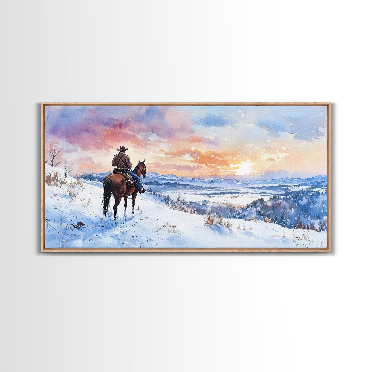 Lone Cowboy In Golden Prairie Framed Canvas Print Tall Art Rustic Autumn Landscape Western Country Decor Fall Home Wall Art Gift For Him