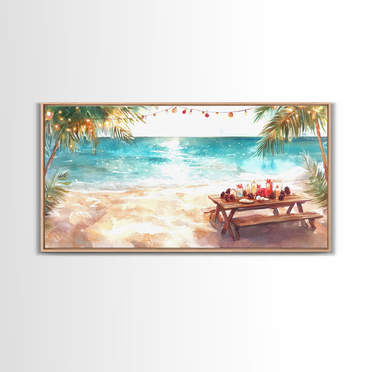 Beach Christmas decor picnic setup with palm trees and lights, framed canvas print showcasing tropical coastal holiday art decor