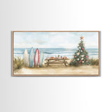 Surfboards and decorated tree on the beach, framed canvas print perfect coastal Christmas vacation decor holiday wall art