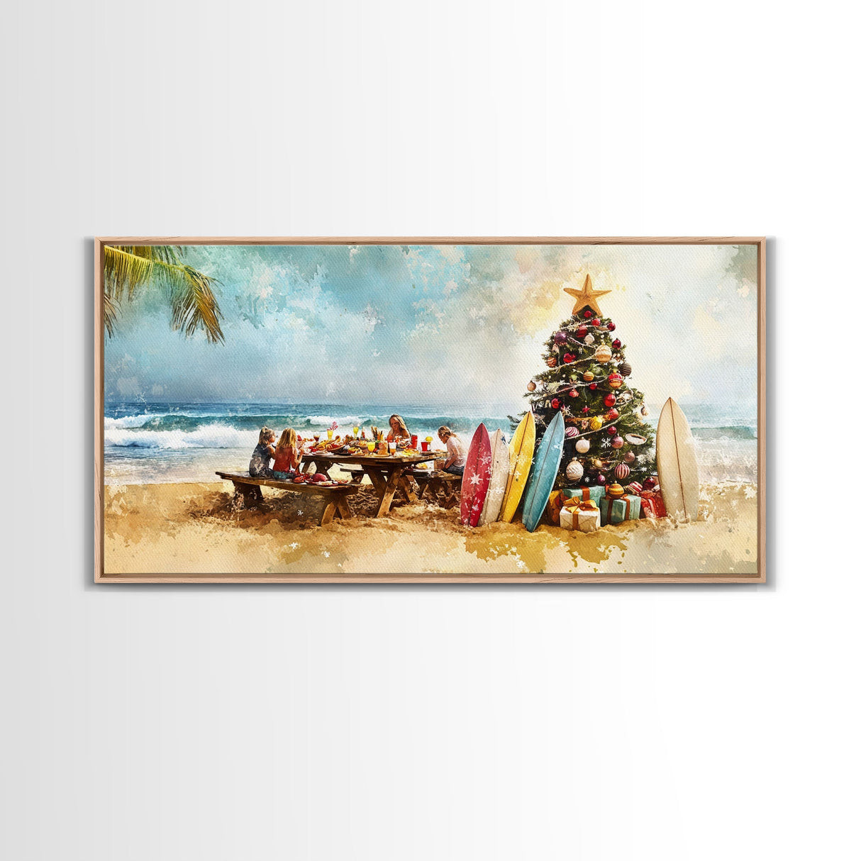 Christmas family picnic by the beach with surfboards and tree, framed canvas print tropical coastal holiday beach Christmas decor