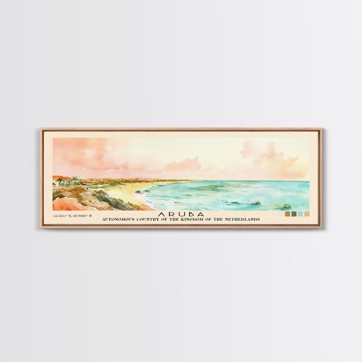 Aruba, autonomous country of the Kingdom of the Netherlands Watercolor Beach Print, Vacation Gift, autonomous country of the Kingdom of the Netherlands Wall Art, Framed Canvas Print, Framed Beach Painting