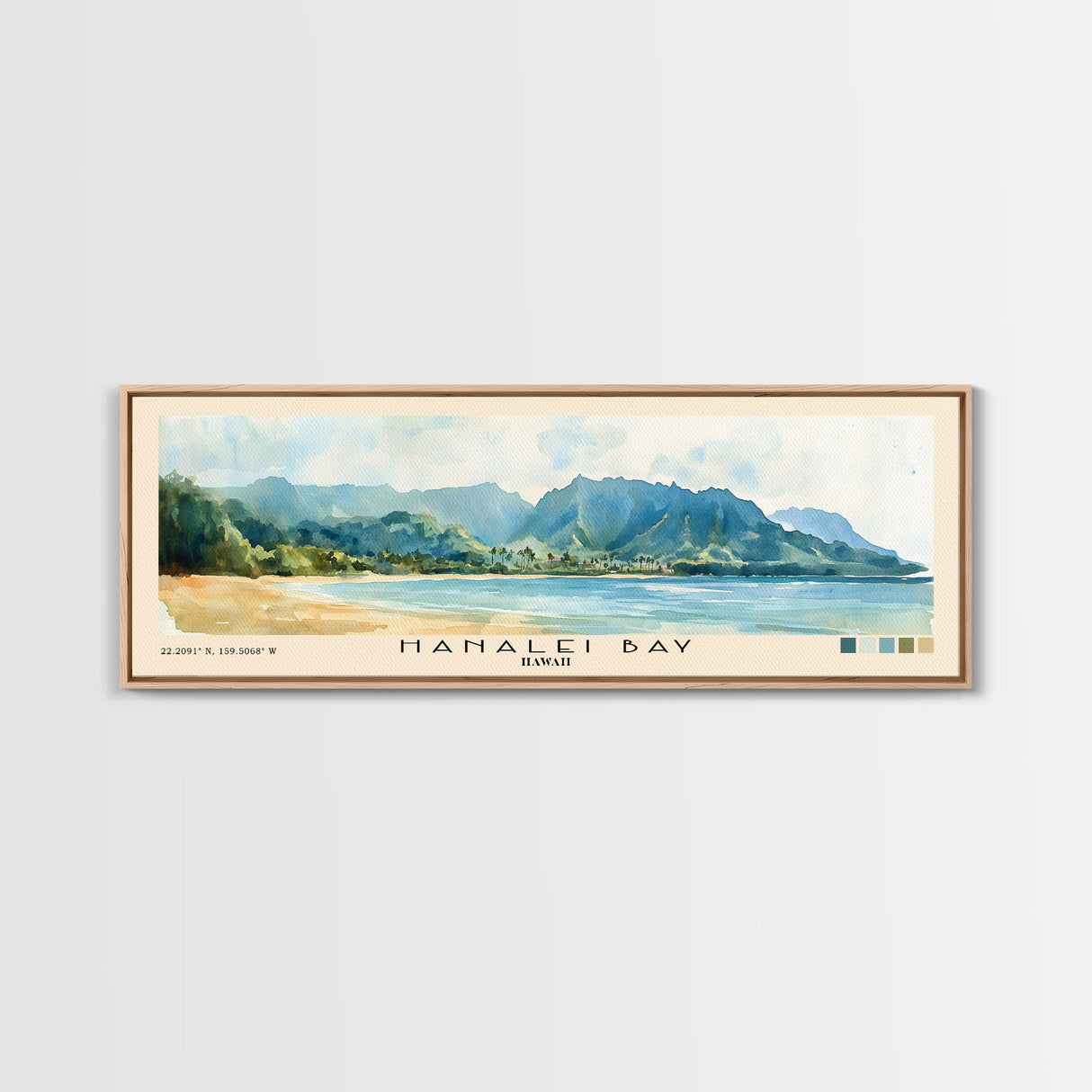 Hanalei Bay, Hawaii Watercolor Beach Print, Vacation Gift, Hawaii Wall Art, Framed Canvas Print, Framed Beach Painting