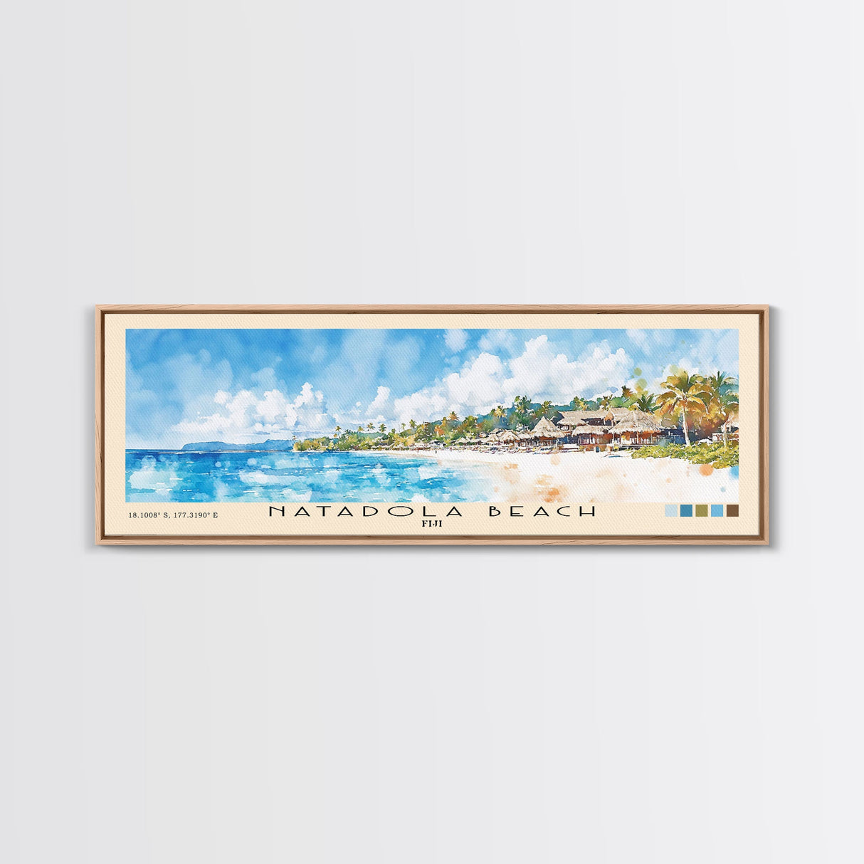 Natadola Beach, Fiji Watercolor Beach Print, Vacation Gift, Fiji Wall Art, Framed Canvas Print, Framed Beach Painting