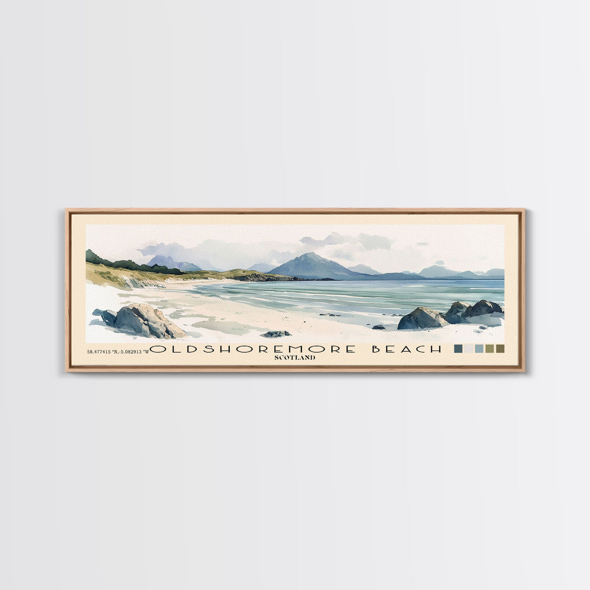 Oldshoremore beach, Scotland Watercolor Beach Print, Vacation Gift, Scotland Wall Art, Framed Canvas Print, Framed Beach Painting