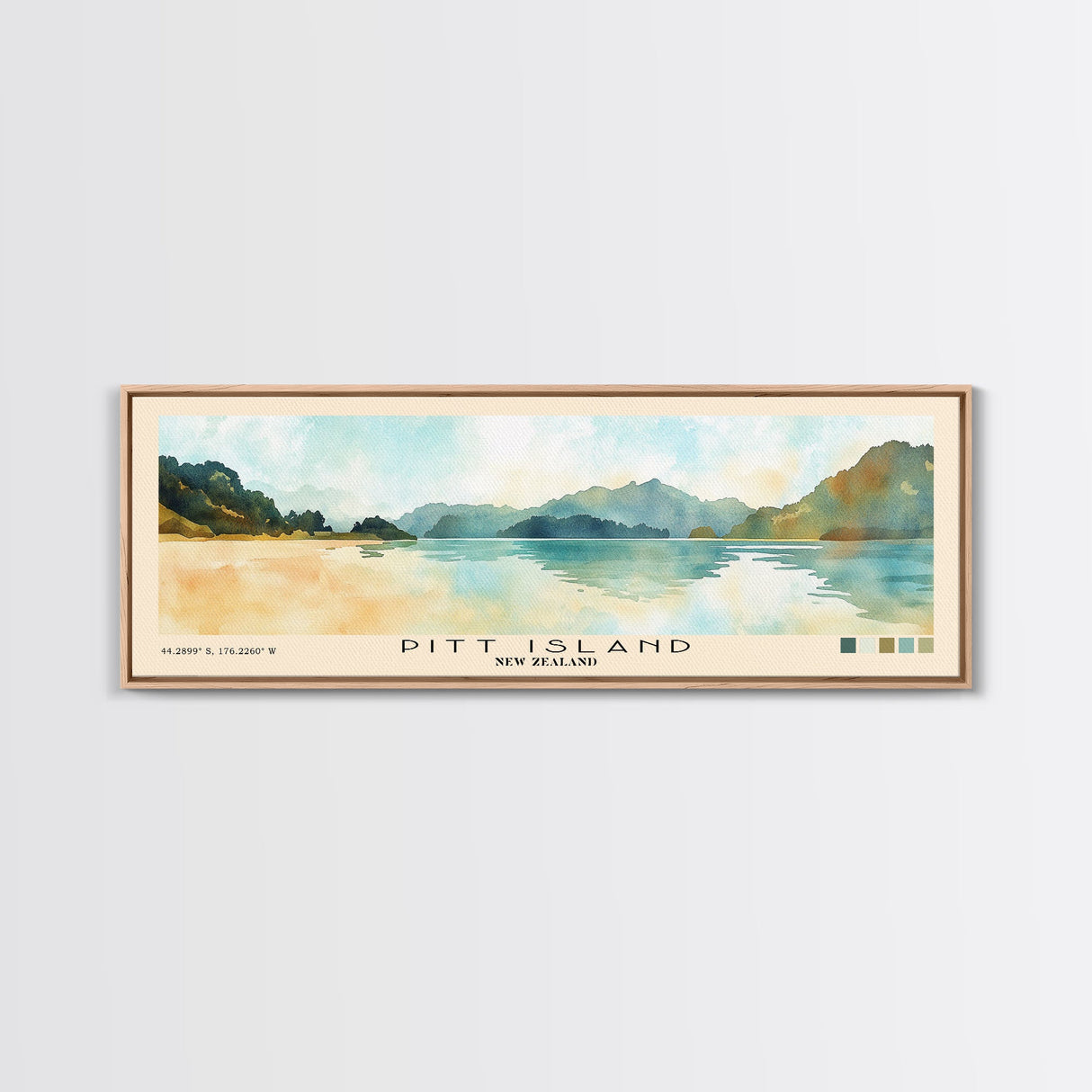 Pitt Island, New Zealand Watercolor Beach Print, Vacation Gift, New Zealand Wall Art, Framed Canvas Print, Framed Beach Painting