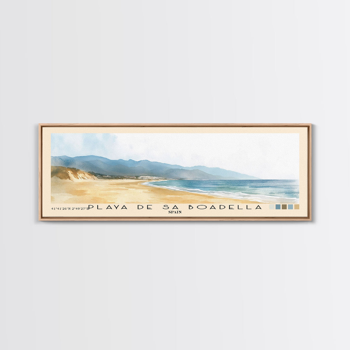 Playa de Sa Boadella, Spain Watercolor Print, Vacation Gift, Spain Wall Art, Beach Painting, Beach Decor, Large Wall Art, Wood Frame Art