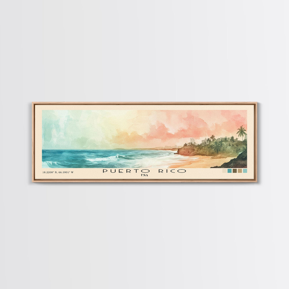 Puerto Rico, USA Watercolor Print, Vacation Gift, USA Wall Art, Beach Painting, Beach Decor, Large Wall Art, Wood Frame Art