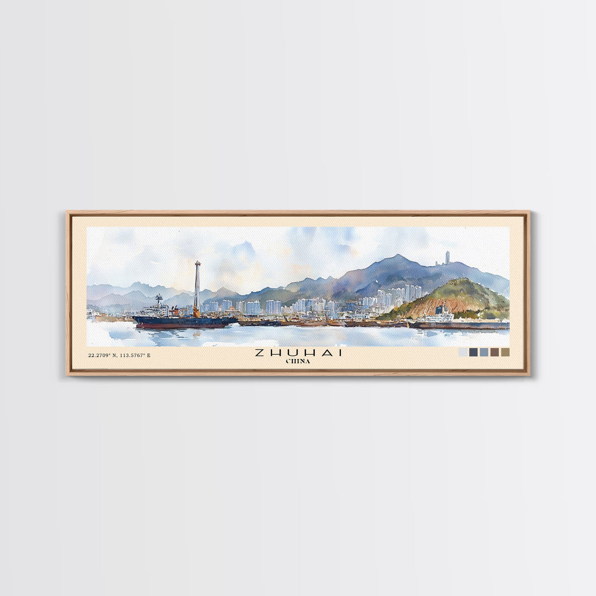 Zhuhai, China Watercolor Print, Vacation Gift, China Wall Art, Beach Painting, Beach Decor, Large Wall Art, Wood Frame Art