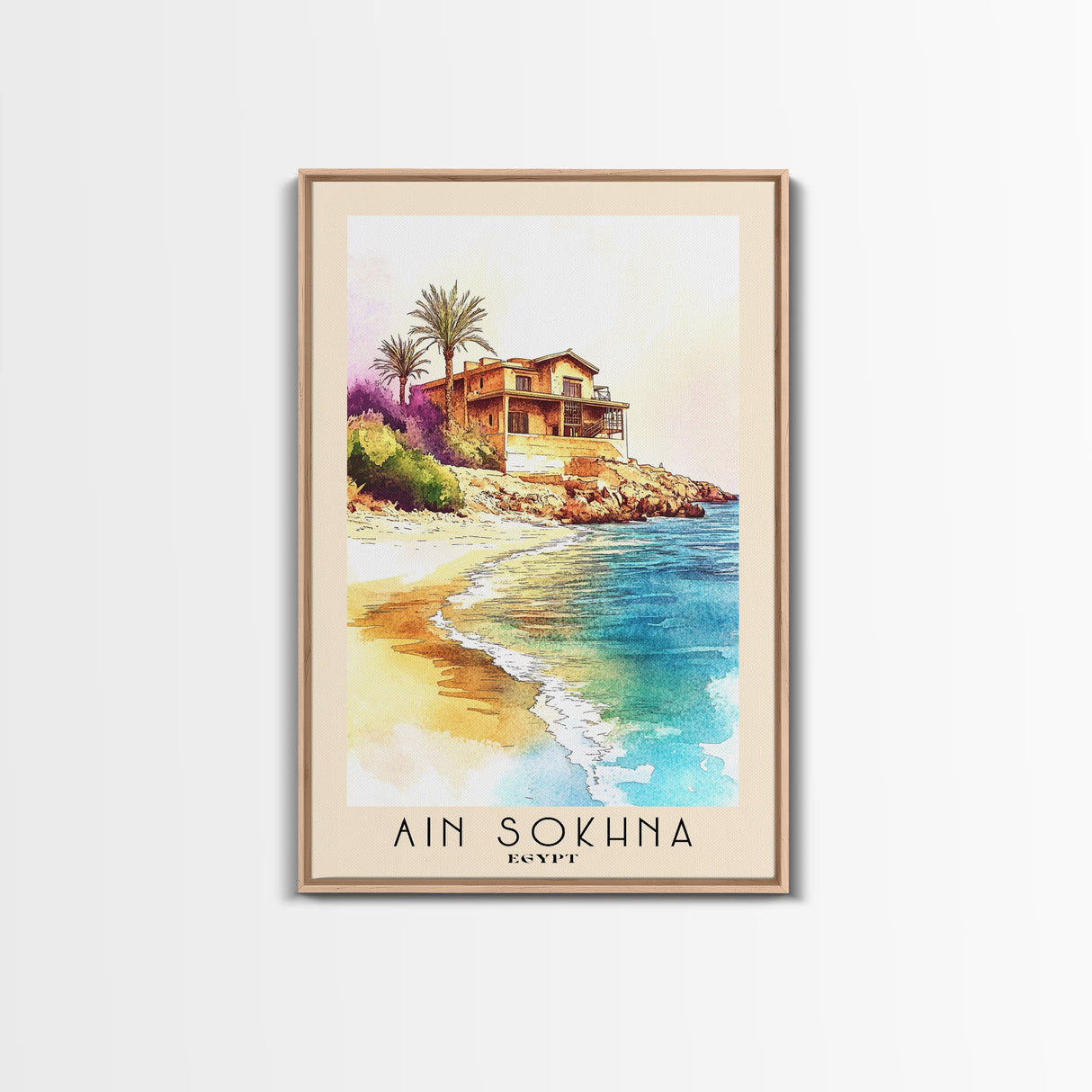 Ain Sokhna, Egypt Watercolor Print, Vacation Gift, Egypt Wall Art, Beach Painting, Beach Decor, Large Wall Art, Wood Frame Art