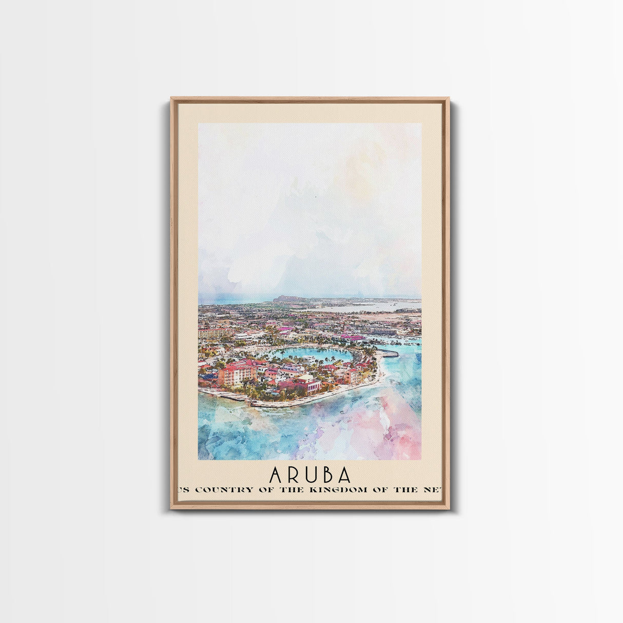 Aruba, autonomous country of the Kingdom of the Netherlands Watercolor Beach Print, Vacation Gift, autonomous country of the Kingdom of the Netherlands Wall Art, Framed Canvas Print, Framed Beach Painting