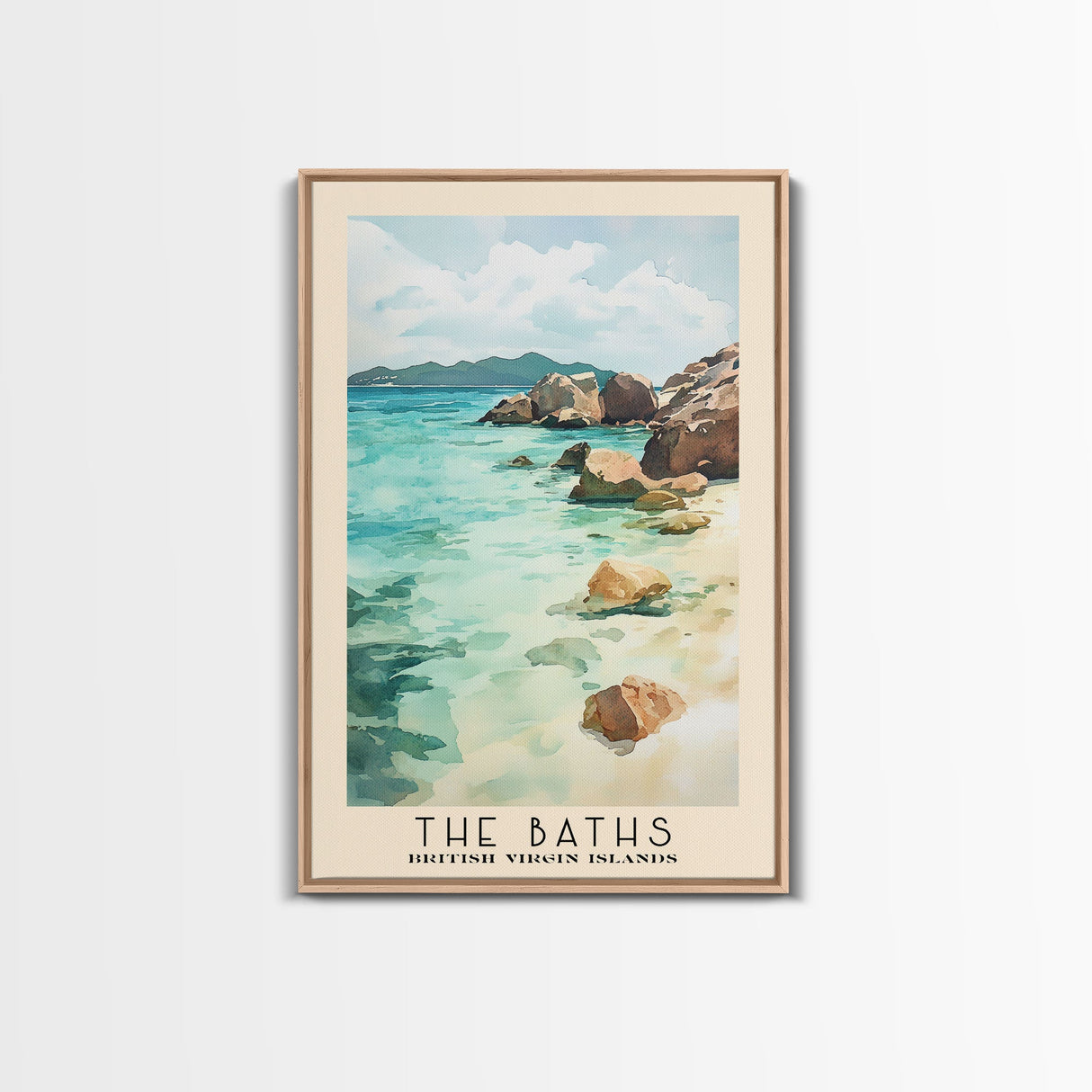 The Baths, British Virgin Islands Watercolor Beach Print, Vacation Gift, British Virgin Islands Wall Art, Framed Canvas Print, Framed Beach Painting