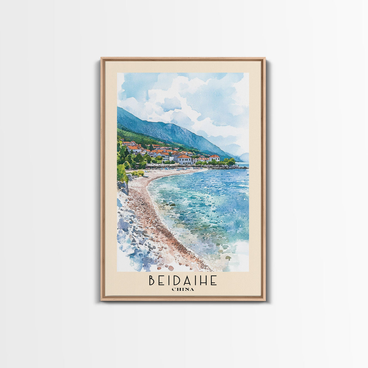 Beidaihe, China Watercolor Beach Print, Vacation Gift, China Wall Art, Framed Canvas Print, Framed Beach Painting