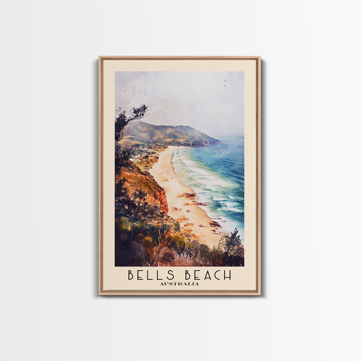 Bells Beach, Australia Watercolor Beach Print, Vacation Gift, Australia Wall Art, Framed Canvas Print, Framed Beach Painting