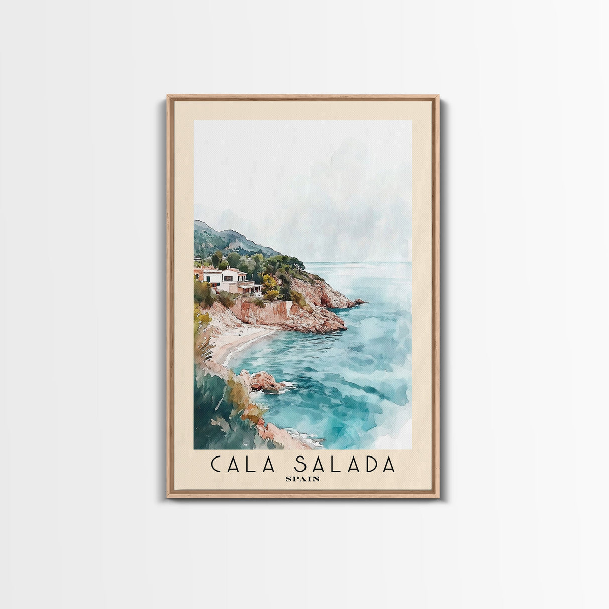 Cala Salada, Spain Watercolor Beach Print, Vacation Gift, Spain Wall Art, Framed Canvas Print, Framed Beach Painting