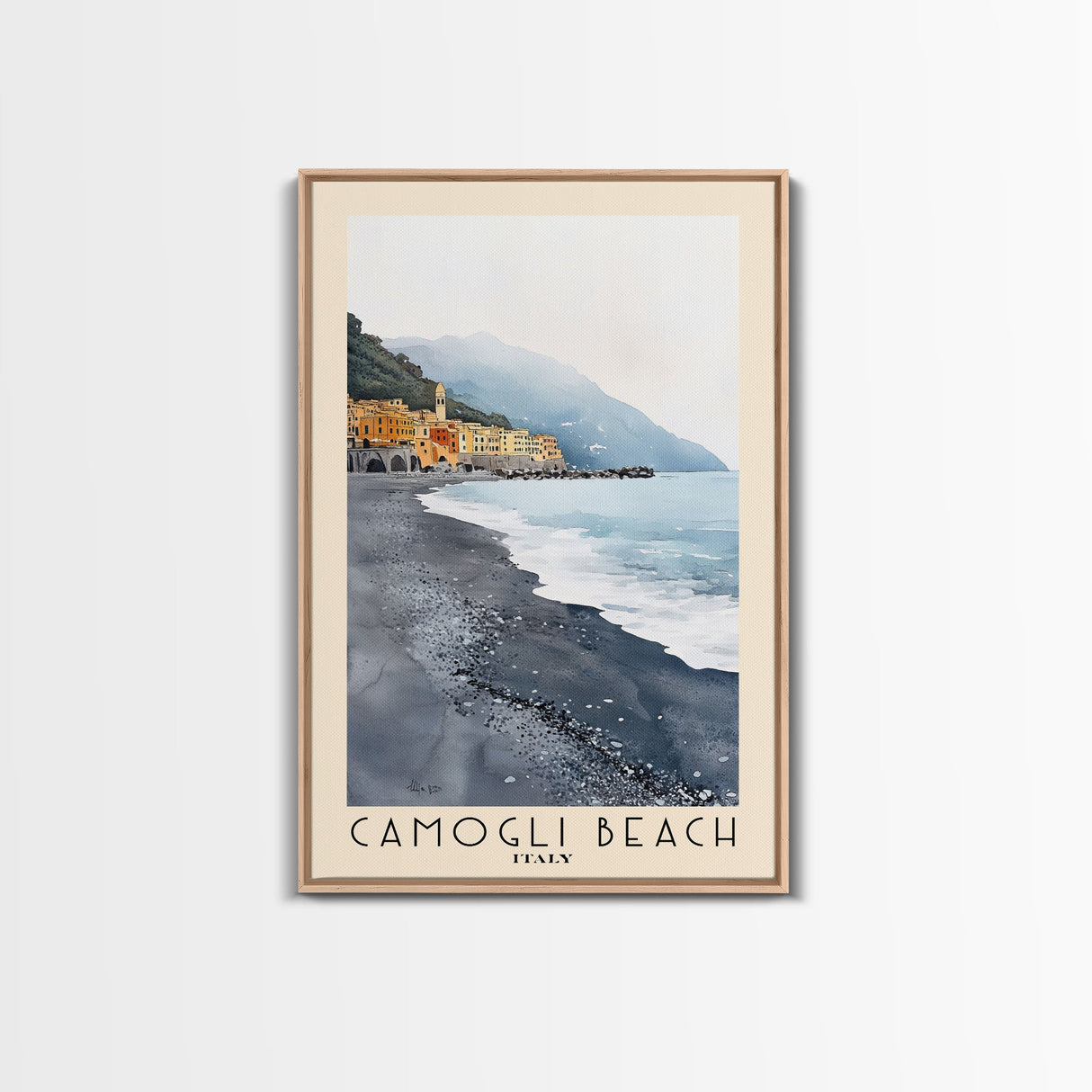 Camogli Beach, Italy Watercolor Beach Print, Vacation Gift, Italy Wall Art, Framed Canvas Print, Framed Beach Painting