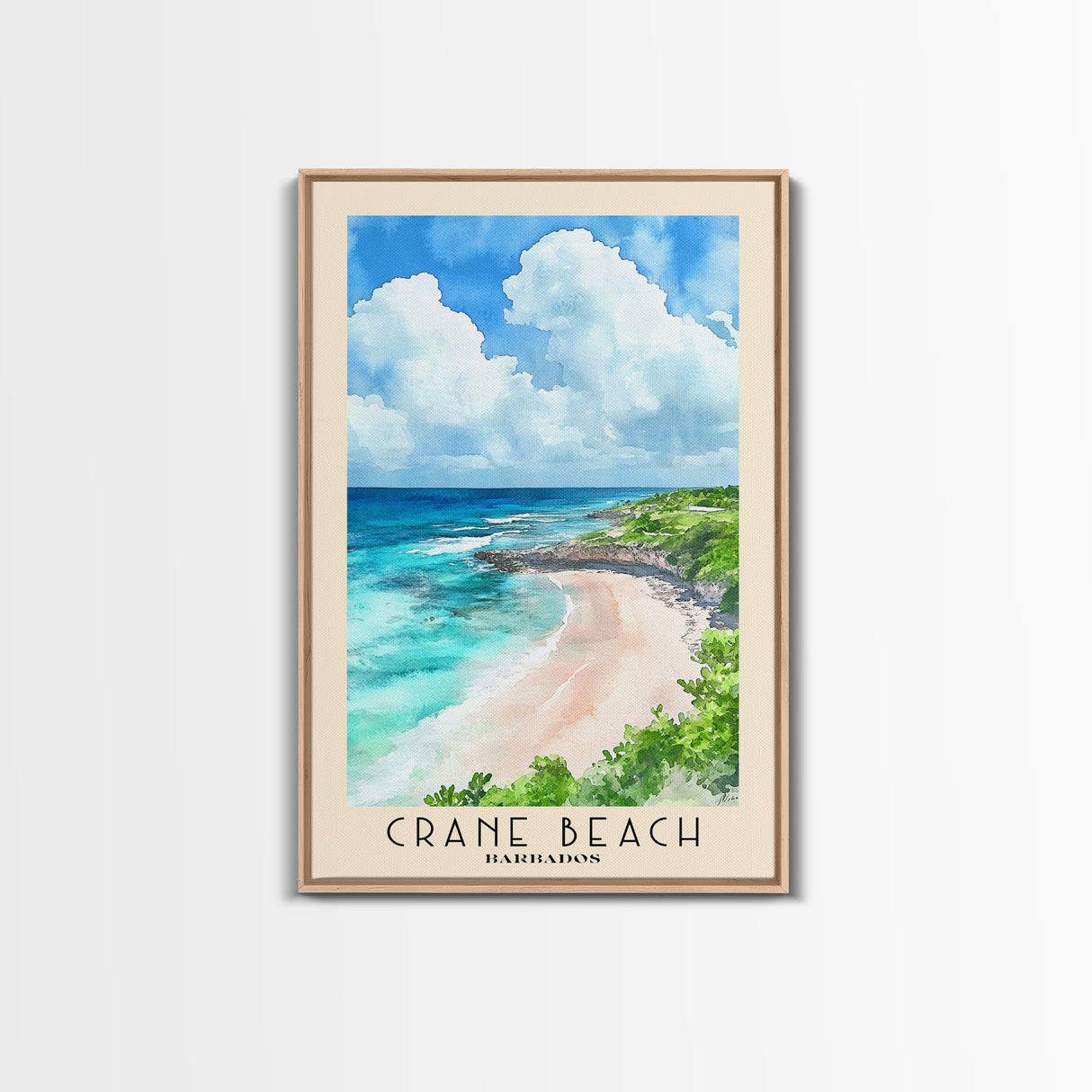 Crane Beach, Barbados Watercolor Beach Print, Vacation Gift, Barbados Wall Art, Framed Canvas Print, Framed Beach Painting