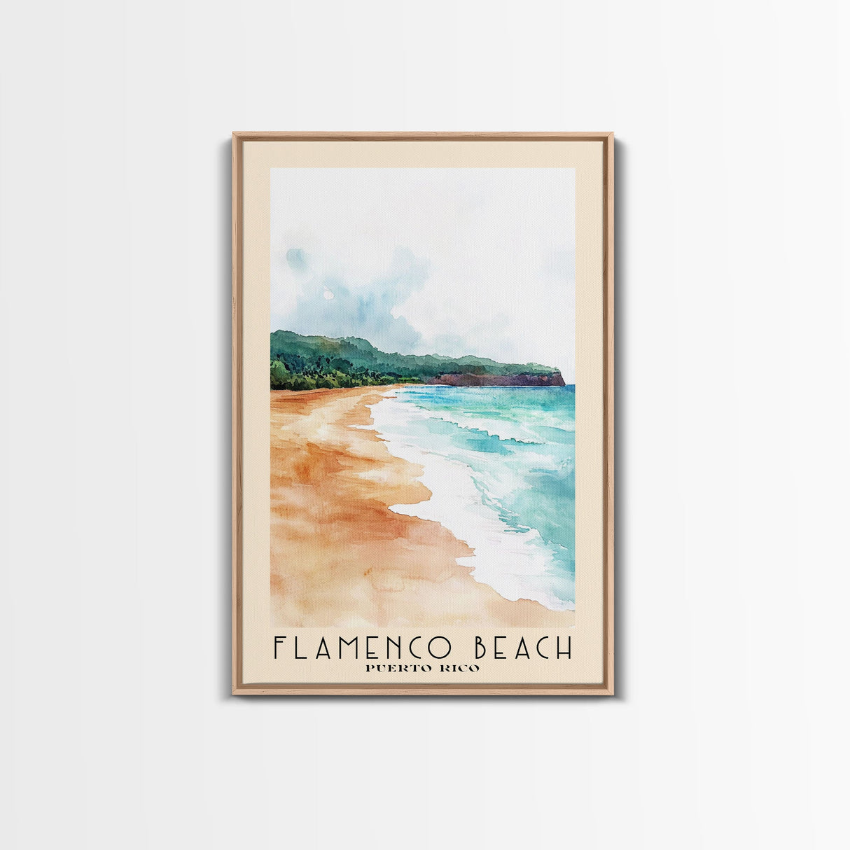 Flamenco Beach, Puerto Rico Watercolor Beach Print, Vacation Gift, Puerto Rico Wall Art, Framed Canvas Print, Framed Beach Painting