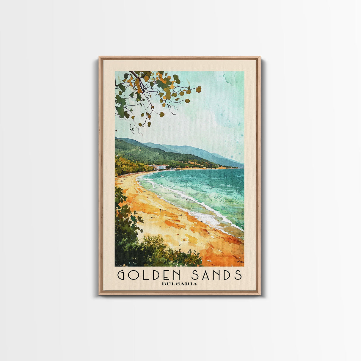 Golden Sands, Bulgaria Watercolor Beach Print, Vacation Gift, Bulgaria Wall Art, Framed Canvas Print, Framed Beach Painting