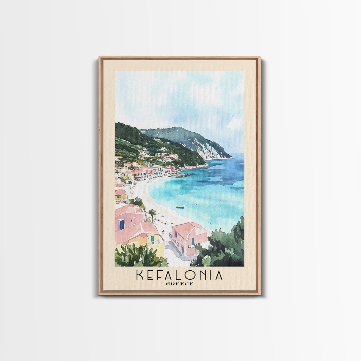 Kefalonia, Greece Watercolor Beach Print, Vacation Gift, Greece Wall Art, Framed Canvas Print, Framed Beach Painting