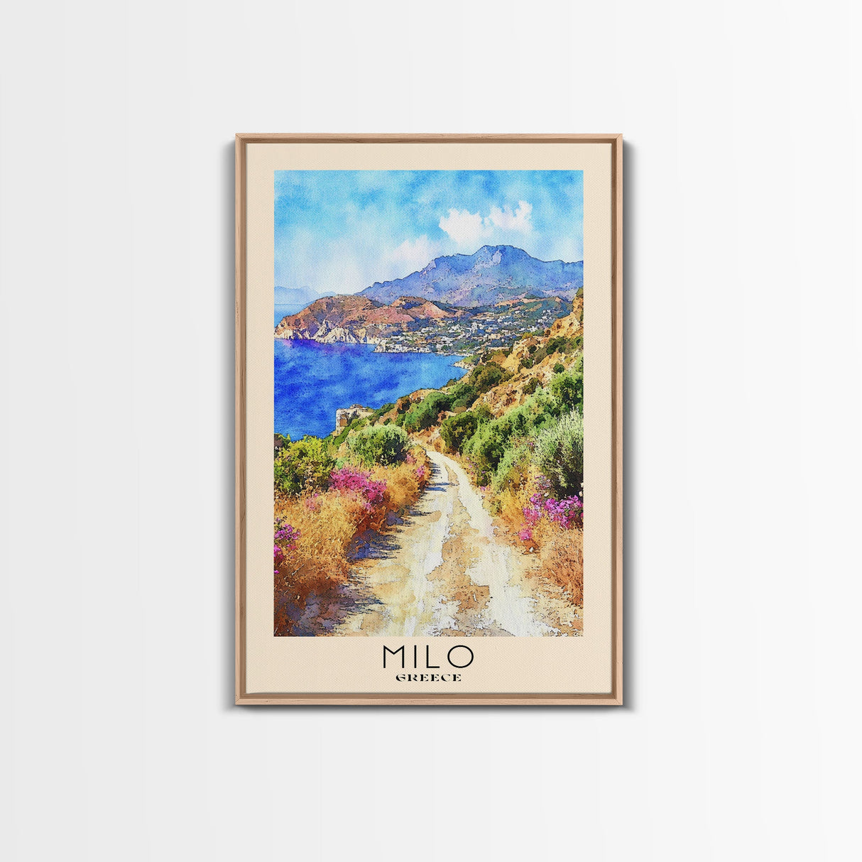 Milo, Greece Watercolor Beach Print, Vacation Gift, Greece Wall Art, Framed Canvas Print, Framed Beach Painting