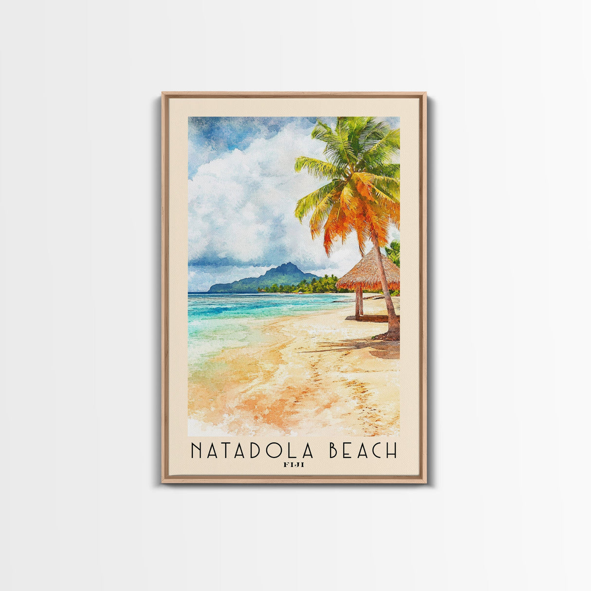 Natadola Beach, Fiji Watercolor Beach Print, Vacation Gift, Fiji Wall Art, Framed Canvas Print, Framed Beach Painting