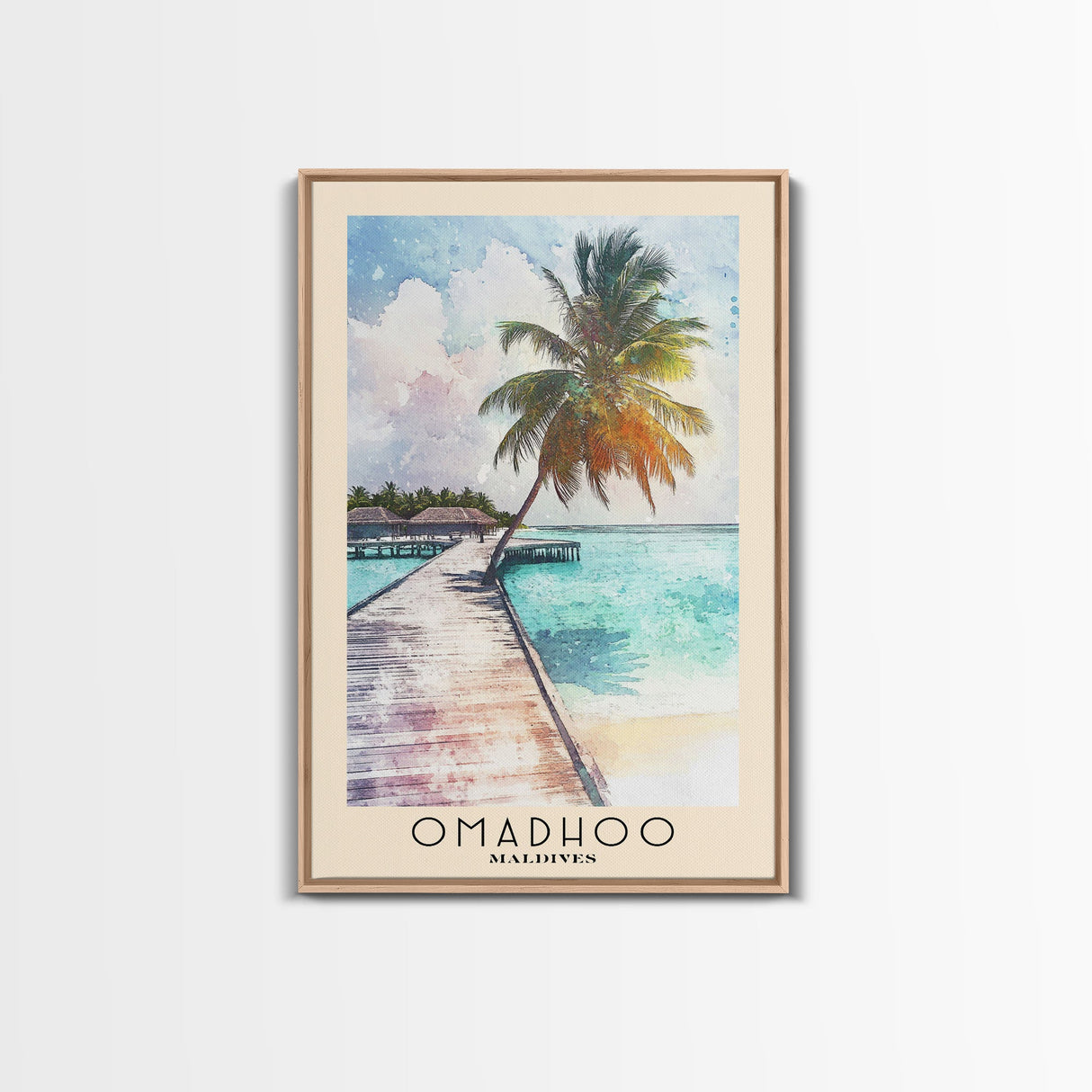 Omadhoo, Maldives Watercolor Print, Vacation Gift, Maldives Wall Art, Beach Painting, Beach Decor, Large Wall Art, Wood Frame Art