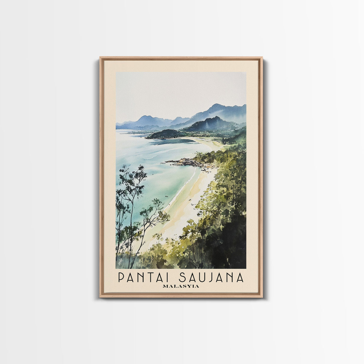 Pantai Saujana, Malasyia Watercolor Print, Vacation Gift, Malasyia Wall Art, Beach Painting, Beach Decor, Large Wall Art, Wood Frame Art