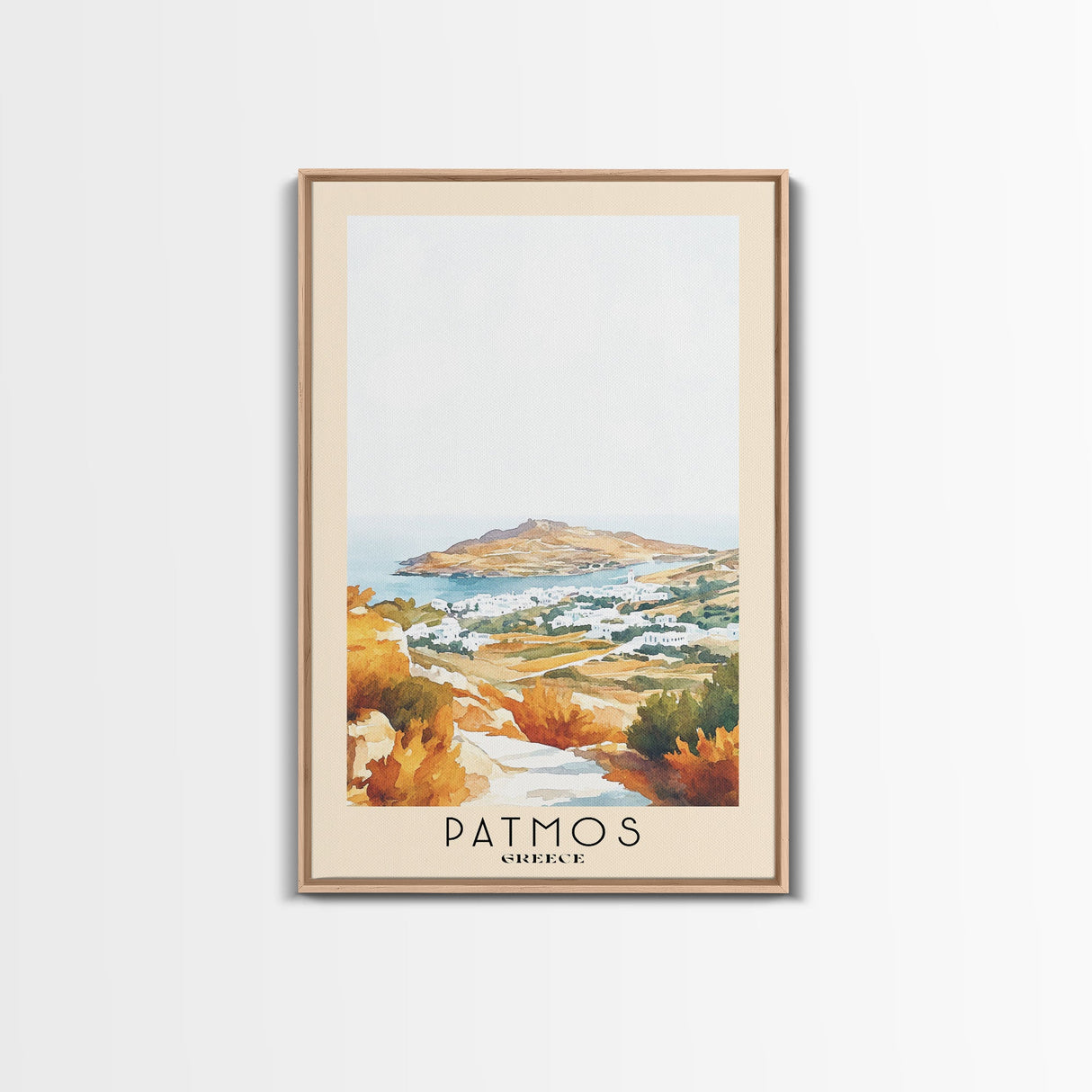 Patmos, Greece Watercolor Beach Print, Vacation Gift, Greece Wall Art, Framed Canvas Print, Framed Beach Painting