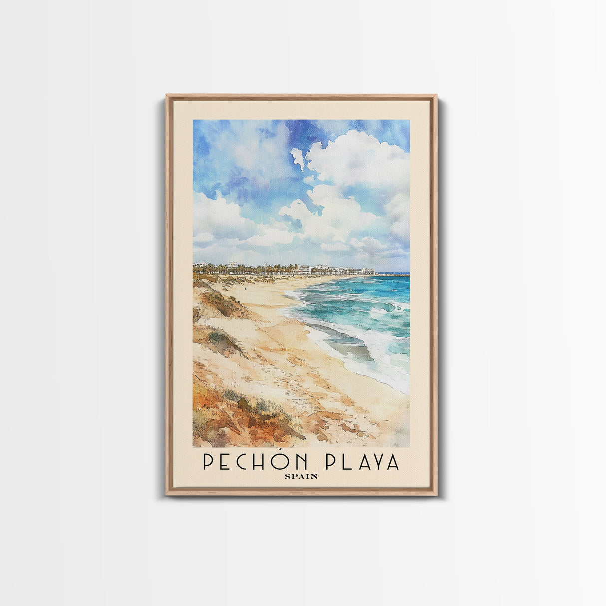 Pechón Playa, Spain Watercolor Print, Vacation Gift, Spain Wall Art, Beach Painting, Beach Decor, Large Wall Art, Wood Frame Art