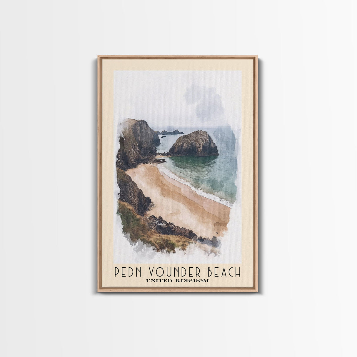 Pedn Vounder Beach, United Kingdom Watercolor Beach Print, Vacation Gift, United Kingdom Wall Art, Framed Canvas Print, Framed Beach Painting