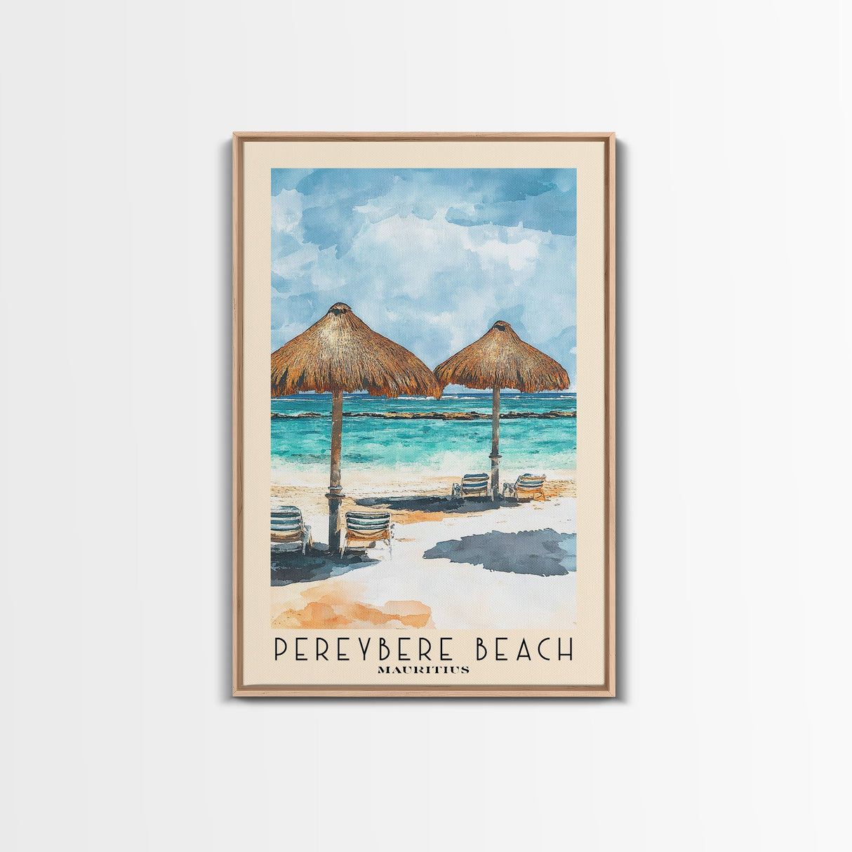 Pereybere Beach, Mauritius Watercolor Beach Print, Vacation Gift, Mauritius Wall Art, Framed Canvas Print, Framed Beach Painting