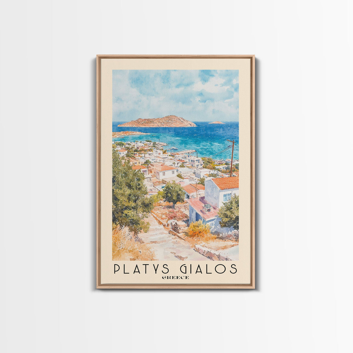 Platys Gialos, Greece Watercolor Beach Print, Vacation Gift, Greece Wall Art, Framed Canvas Print, Framed Beach Painting