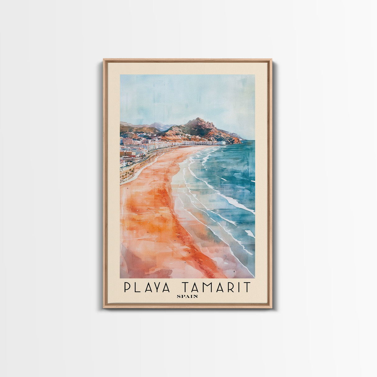 Playa Tamarit, Spain Watercolor Print, Vacation Gift, Spain Wall Art, Beach Painting, Beach Decor, Large Wall Art, Wood Frame Art