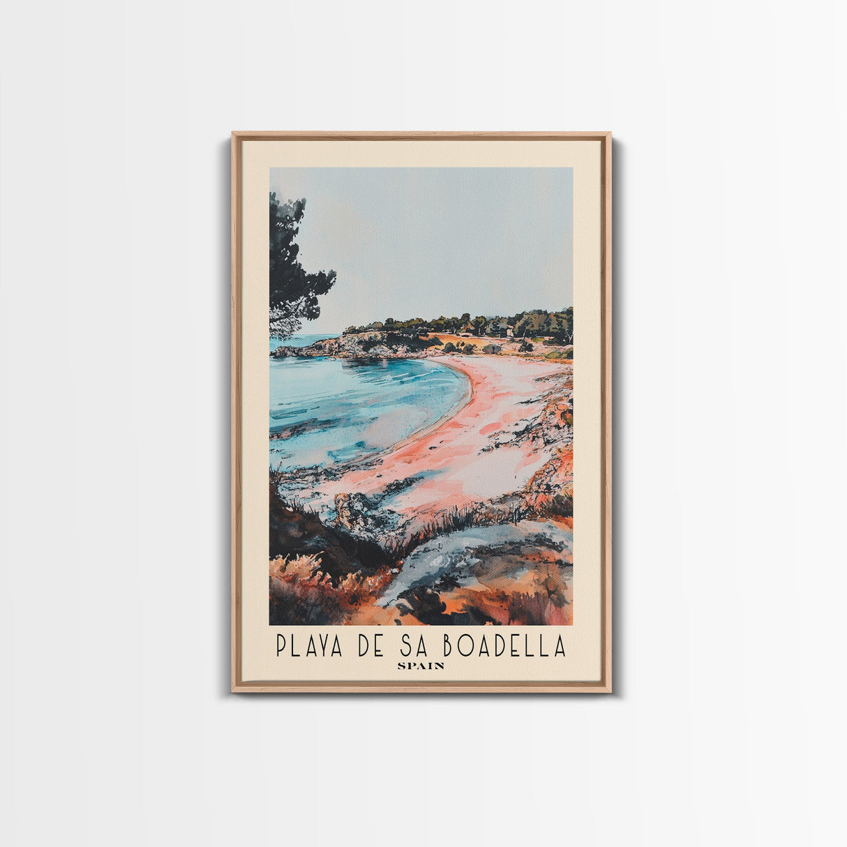 Playa de Sa Boadella, Spain Watercolor Print, Vacation Gift, Spain Wall Art, Beach Painting, Beach Decor, Large Wall Art, Wood Frame Art