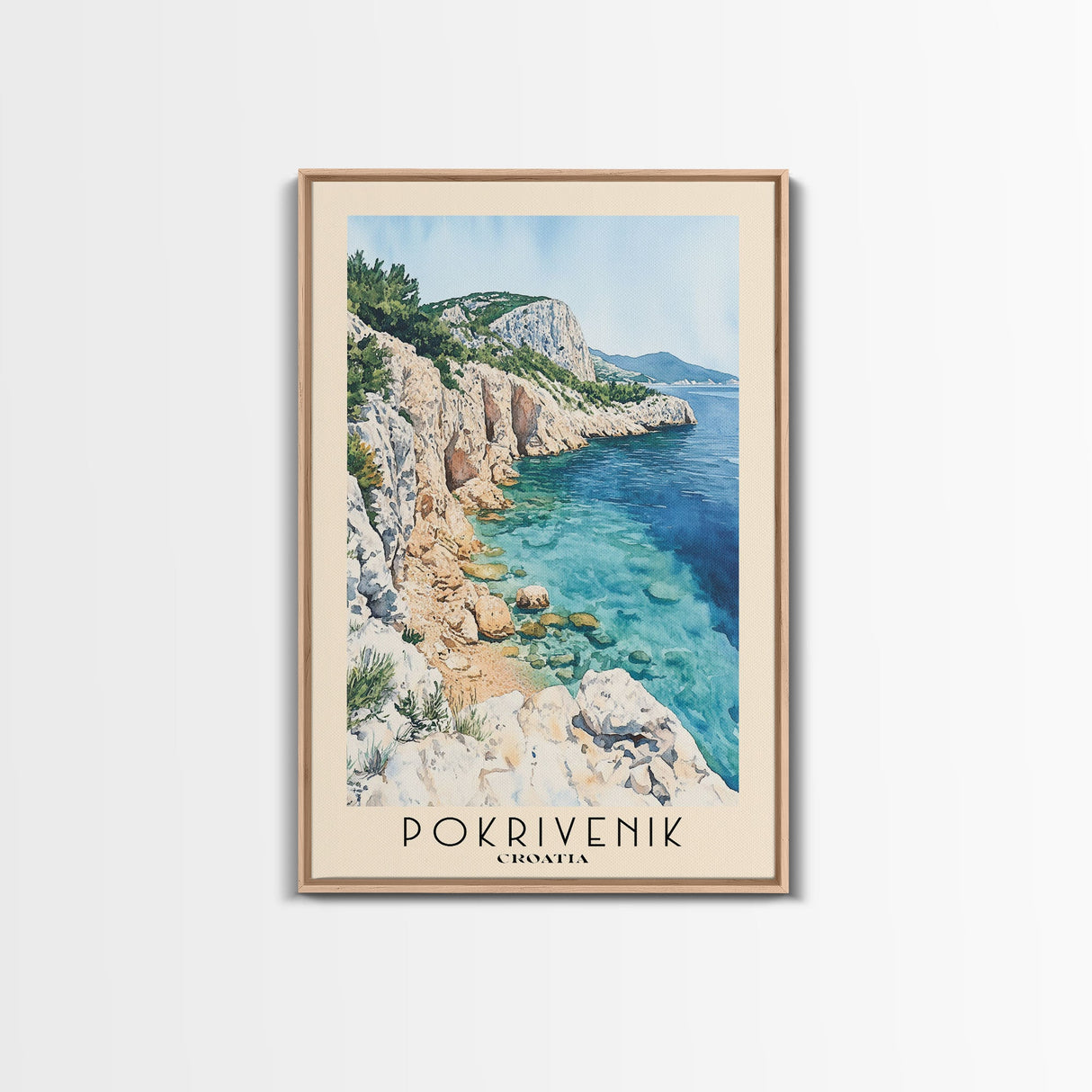 Pokrivenik, Croatia Watercolor Print, Vacation Gift, Croatia Wall Art, Beach Painting, Beach Decor, Large Wall Art, Wood Frame Art