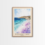 Possidi Cape, Greece Watercolor Beach Print, Vacation Gift, Greece Wall Art, Framed Canvas Print, Framed Beach Painting