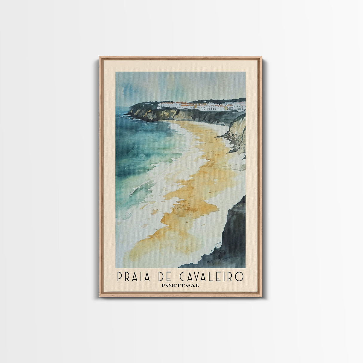 Praia de Cavaleiro, Portugal Watercolor Beach Print, Vacation Gift, Portugal Wall Art, Framed Canvas Print, Framed Beach Painting