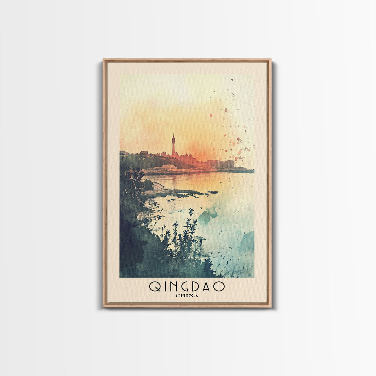 Qingdao, China Watercolor Beach Print, Vacation Gift, China Wall Art, Framed Canvas Print, Framed Beach Painting