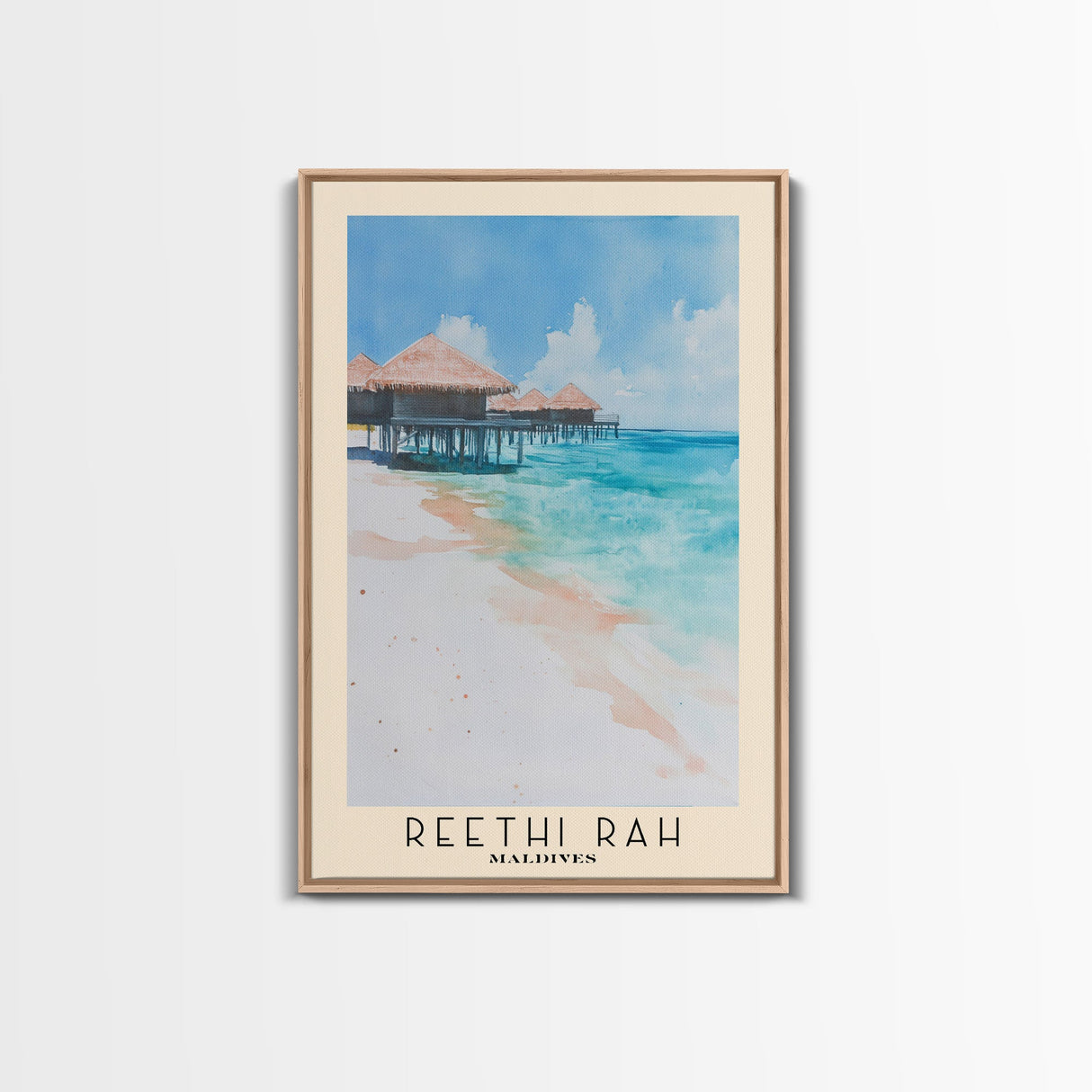 Reethi Rah, Maldives Watercolor Beach Print, Vacation Gift, Maldives Wall Art, Framed Canvas Print, Framed Beach Painting