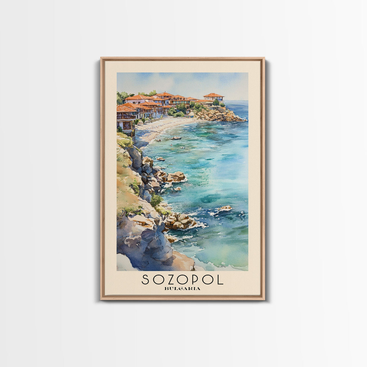 Sozopol, Bulgaria Watercolor Beach Print, Vacation Gift, Bulgaria Wall Art, Framed Canvas Print, Framed Beach Painting