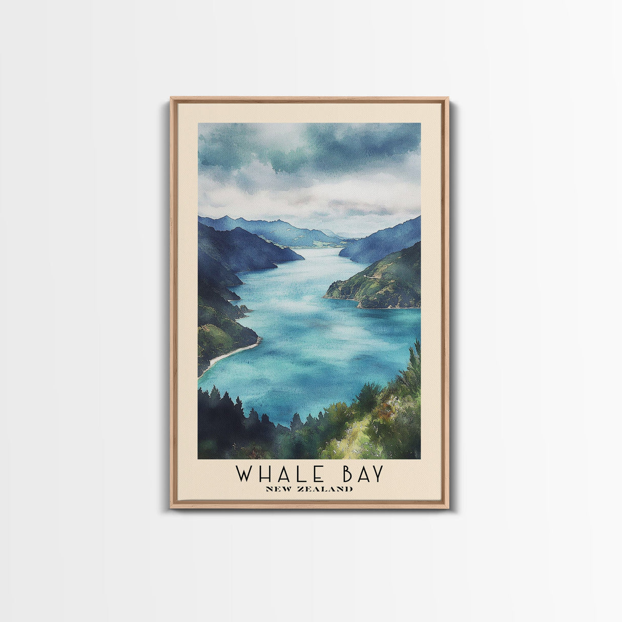 Whale Bay, New Zealand Watercolor Print, Vacation Gift, New Zealand Wall Art, Beach Painting, Beach Decor, Large Wall Art, Wood Frame Art