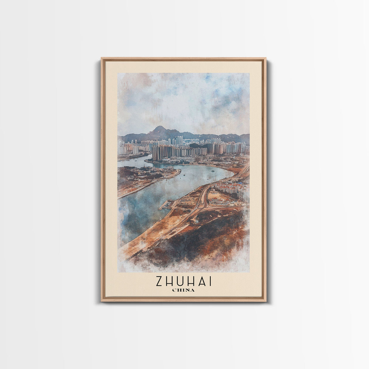 Zhuhai, China Watercolor Print, Vacation Gift, China Wall Art, Beach Painting, Beach Decor, Large Wall Art, Wood Frame Art