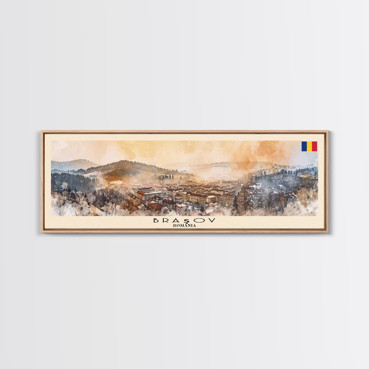 Brasov Romania Panoramic Travel Poster, Framed Canvas Print or Metal Wall Art, Travel Art, Home Decor, Panoramic Painting, Midcentury Art