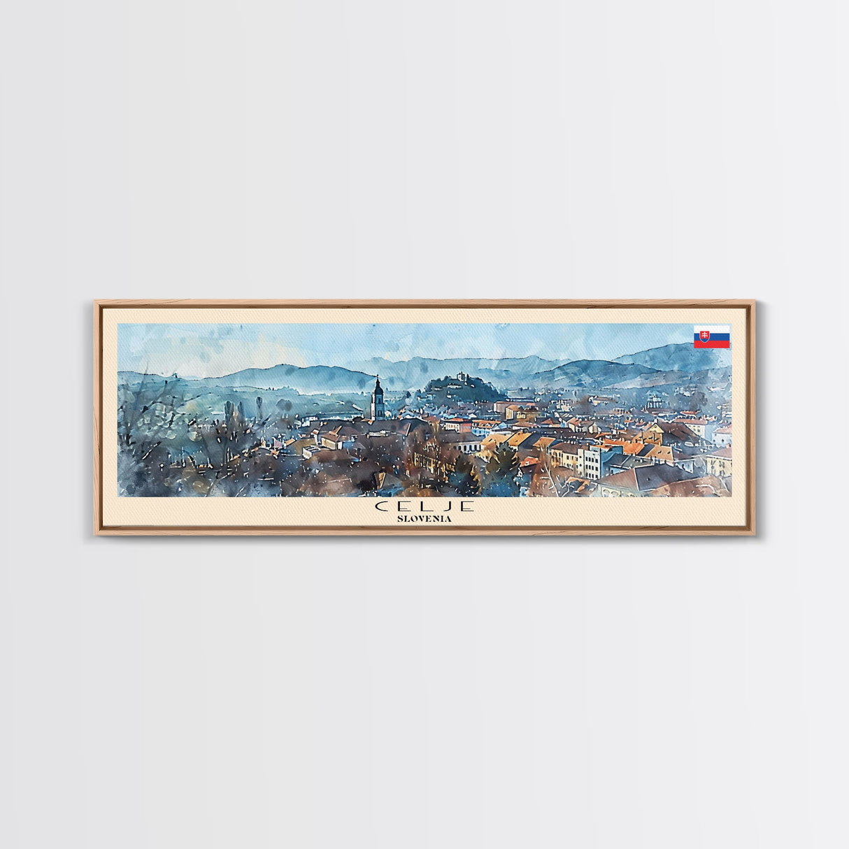 Celje Slovenia Panoramic Travel Poster, Framed Canvas Print or Metal Wall Art, Travel Art, Home Decor, Panoramic Painting, Midcentury Art