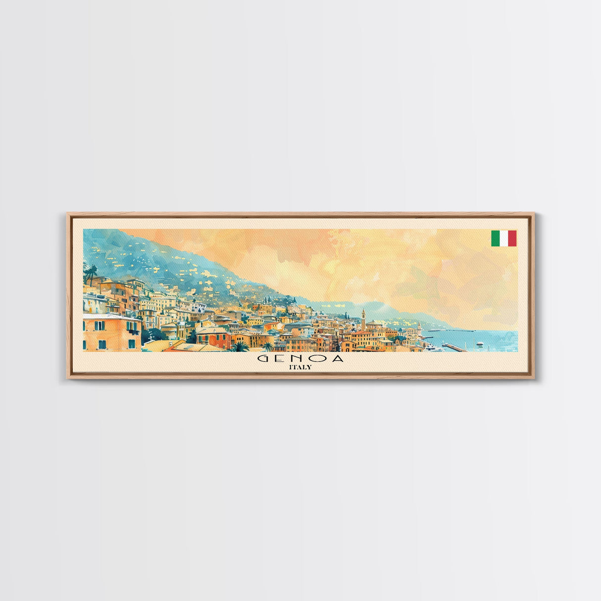 Genoa Italy Travel Art, City Art, Framed Canvas Print or Metal Wall Art, Europe Travel Poster, Panoramic Wall Art, Extra Wide Wall Art